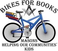 Bikes for Books logo. Masons helping out communities' kids. 