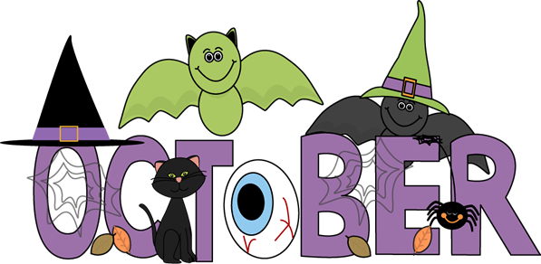 the word October in purple with a fun halloween scene that includes spider webs, bats, a creepy eyeball, witches hat, black cat and a spider.