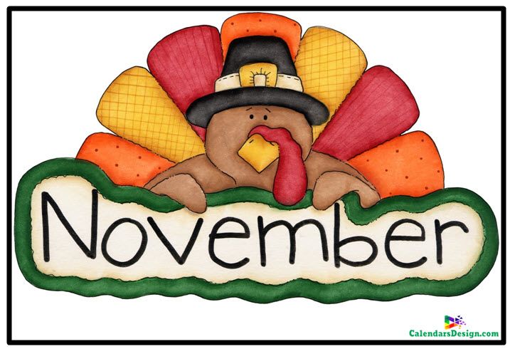 Cartoon turkey wearing a pilgram hat and has orange, yellow and red textured feathers behind it with the word November below it.