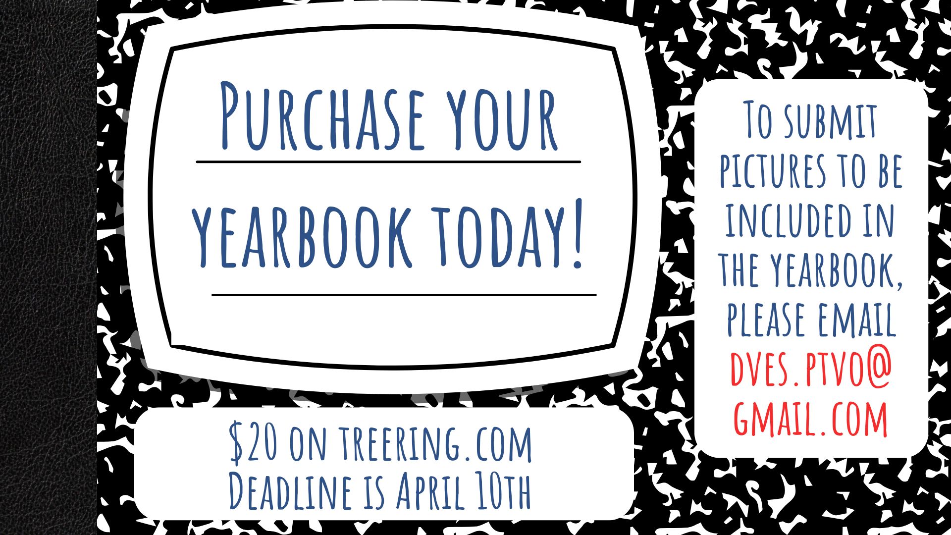 Composition book looking background with information to Purchase your yearbook today! Informational flyer.