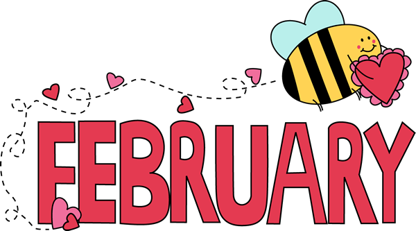 The word February in red with hearts trailing behind a bumble bee on the top right holding a heart.