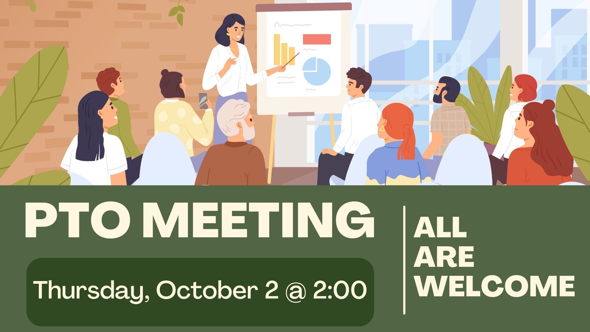 Group of people looking at a chart in an office space with the words PTO Meeting Thursday, October 2 @ 2:00 all are welcome.