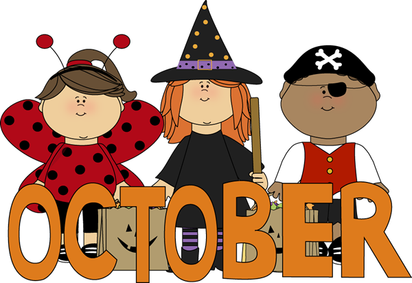 Three students dressed up in costumes with the word October at the bottom.