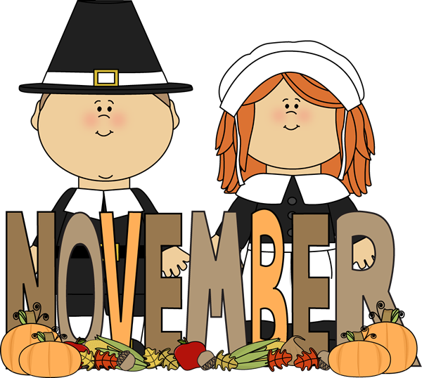 Boy and Girl dressed in pilgrim outfits with the word November at the bottom.