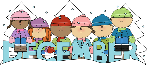 Cartoon kids with snow gear on sitting on the word December.