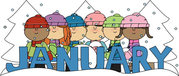 Multiple cartoon kids in a row in snow gear with January written in front of them.