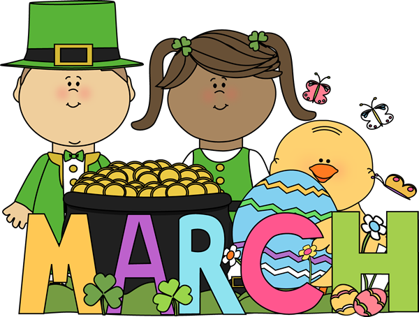 Cartoon boy dressed up at a leprechaun and a girl in green with a duck, pot of gold and the word March in multi colors at the bottom.
