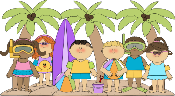 Cartoon kids in swim suites with beach play tools and palm trees in the background.
