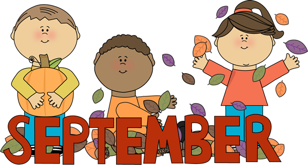 3 cartoon kids throwing leaves and the word September in red at the bottom.