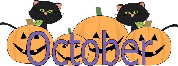 Pumkins with faces and 2 black cats behind the word October. 